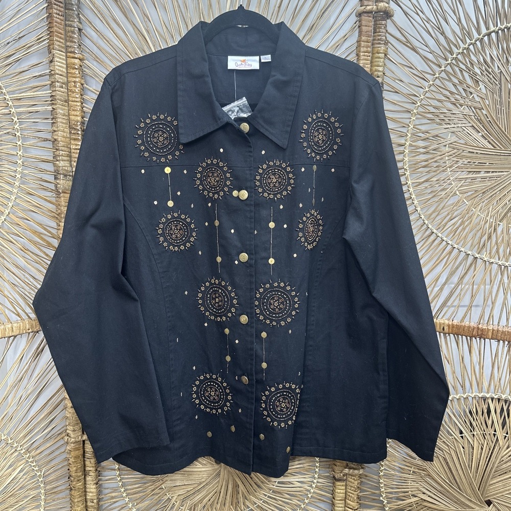 NEW: Quacker Factory Gold Medallion Embellished Lined‎ Jacket - Black Large